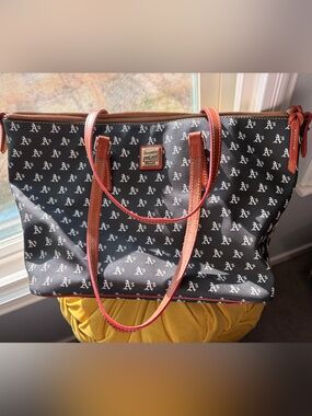 Dooney & Bourke Black Logo Large Tote with Brown Trim